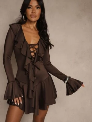 Brązowa Sukienka o Taliowanym Kroju z Falbanami Tiseania allyson