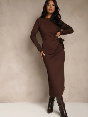 Brązowa Sukienka o Taliowanym Kroju z Wiązaniem w Pasie i Rozcięciami Esalarra bisou's project