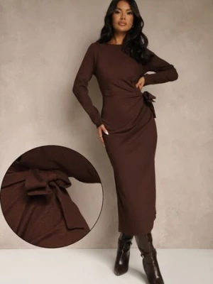 Brązowa Sukienka o Taliowanym Kroju z Wiązaniem w Pasie i Rozcięciami Esalarra bisou's project