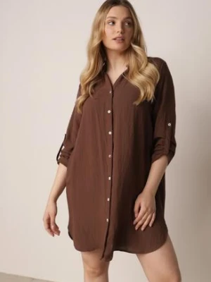 Brązowa Sukienka Oversize z Bawełny o Prostym Kroju Koszulowym Elanistra m&d fashion