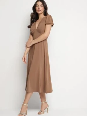 Brązowa Sukienka Rozkloszowana z Wiskozą z Poduszkami w Ramionach Awerla by swan