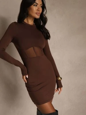 Brązowa Sukienka Vices Bodycon z Transparentną Wstawką Typu Gorset Necotte