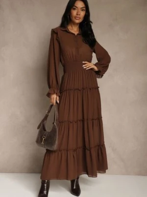 Brązowa Sukienka VICES Koszulowa z Falbaną w Rustykalnym Stylu Arivite