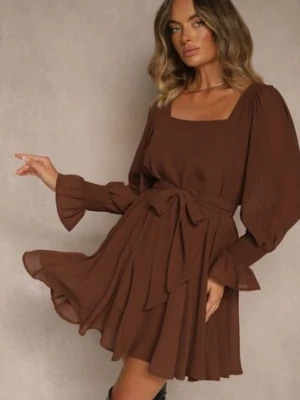 Brązowa Sukienka Vices z Półtransparentnymi Rękawami Wiązania w Talii Resmosa