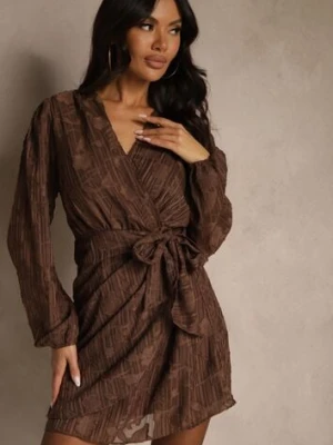 Brązowa Sukienka w Kwiaty o Kopertowym Kroju z Wiązanym Paskiem Essna