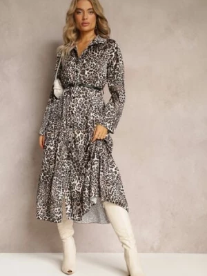 Brązowa Sukienka w Panterkę z Paskiem Antibrote lily rose