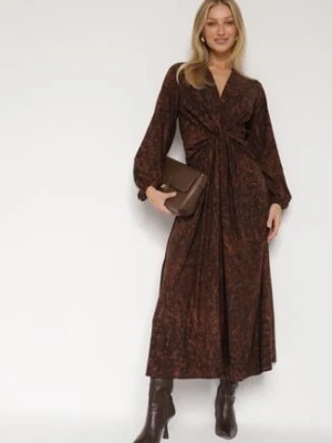 Brązowa Sukienka z Marszczeniem i Rozcięciem na Nogę Zobella