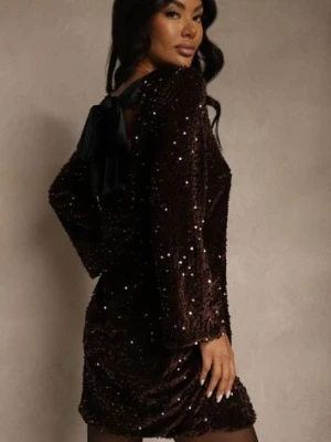 Brązowa Sukienka z Odkrytymi Plecami z Kokardą Zdobiona Cekinami Carilyera