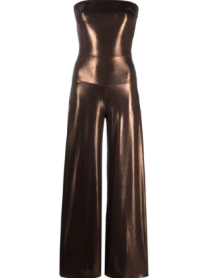 Brązowa Sukienka z Odkrytymi Ramionami i Szerokimi Nogawkami w Metalicznym Wykończeniu Norma Kamali