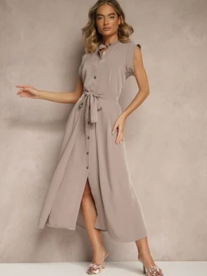 Brązowa Sukienka z Paskiem Koszulowa o Rozkloszowanym Fasonie Mavoselle allyson