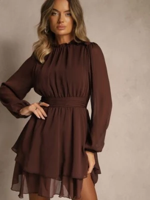 Brązowa Sukienka z Siateczki o Rozkloszowanym Kroju z Bufiastymi Rękawami Aziva bisou's project