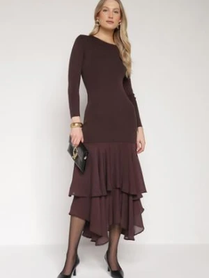 Brązowa Sukienka z Wiskozą o Dopasowanym Kroju z Falbanami u Dołu Vebmara
