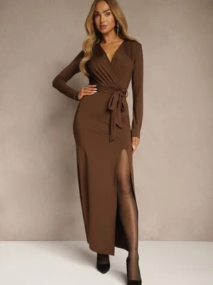 Brązowa Sukienka z Wiskozą o Kopertowym Kroju z Rozcięciem i Wiązanym Paskiem Tesela