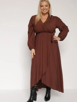 Brązowa Sukienka z Wiskozą o Kopertowym Kroju z Wiązaniem w Talii Fezara retro & icone
