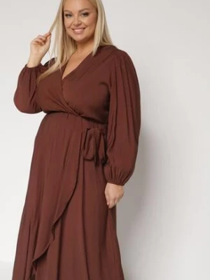 Brązowa Sukienka z Wiskozą o Kopertowym Kroju z Wiązaniem w Talii Fezara retro & icone