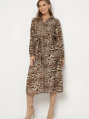 Brązowa Sukienka z Wiskozą o Koszulowym Kroju z Wiązanym Paskiem w Panterkę Raivenne unigirl