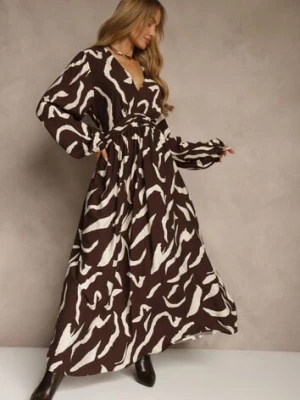 Brązowa Sukienka z Wiskozą o Rozkloszowanym Kroju Netiva