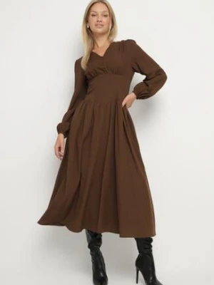 Brązowa Sukienka z Wiskozą z Gorsetową Talią i Bufiastymi Rękawami Aniste unigirl