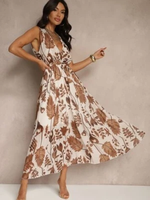 Brązowa Sukienka z Wiskozą z Kopertowym Dekoltem i Wiązanym Paskiem Natisolve pretty