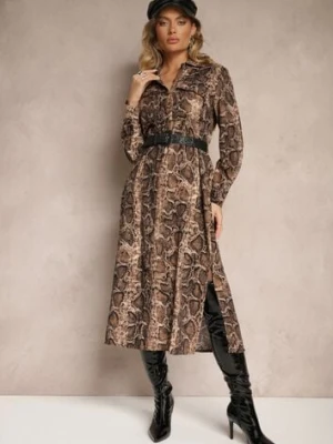 Brązowa Sukienka z Wiskozy o Koszulowym Kroju z Paskiem Zdobiona Wężowym Printem Norinna rosa