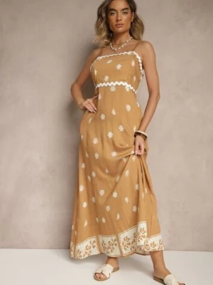 Brązowa Sukienka z Wiskozy Ozdobiona Geometrycznym Motywem Lunessa cflo