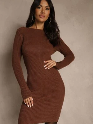 Brązowa Sweterkowa Dopasowana Sukienka z Bawełną Reileta