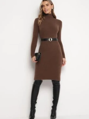 Brązowa Sweterkowa Puchata Sukienka Midi z Wełny z Golfem Sebhat