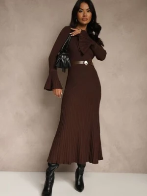 Brązowa Sweterkowa Sukienka Longsleeve z Wiskozą z Paskiem z Klamerką Muszelką Retine