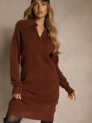 Brązowa Sweterkowa Sukienka z Bawełną i Wełną Ozdobiona Suwakiem Reinda j&x