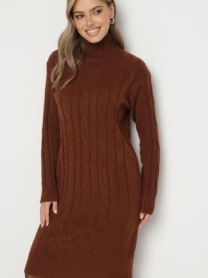 Brązowa Sweterkowa Sukienka z Golfem Wełną i Bawełną Ozdobiona Splotem Reiania