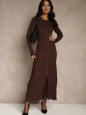 Brązowa Sweterkowa Sukienka z Wiskozy Ozdobiona Kołnierzykiem i Guzikami Deliavella