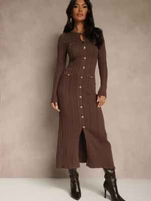 Brązowa Taliowana Sukienka Sweterkowa z Wiskozą i Metalicznymi Guzikami Lilianessa yu & me