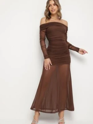 Brązowa Taliowana Sukienka Typu Hiszpanka z Transparentnymi Wstawkami Halacia retro & icone