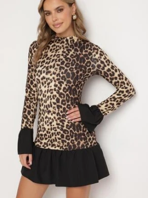 Brązowa Taliowana Sukienka w Panterkę ze Stójką i Falbankami Poladi allyson
