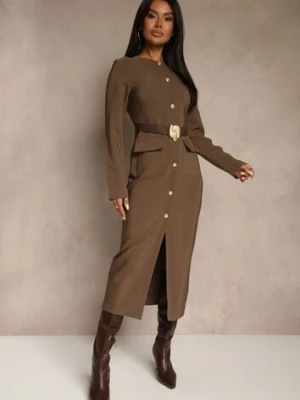 Brązowa Taliowana Sukienka z Eleganckimi Guzikami i Metaliczną Klamrą Espedia bisou's project