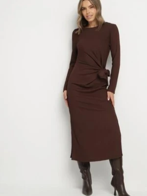 Brązowa Taliowana Sukienka z Ozdobnym Wiązaniem i Rozcięciami Esilda bisou's project