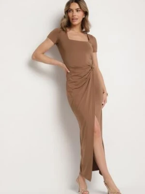 Brązowa Taliowana Sukienka z Wiskozą z Marszczeniem Milasela by swan