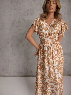 Brązowa Taliowana Sukienka z Wiskozy z Kopertowym Dekoltem Jynaela j&x