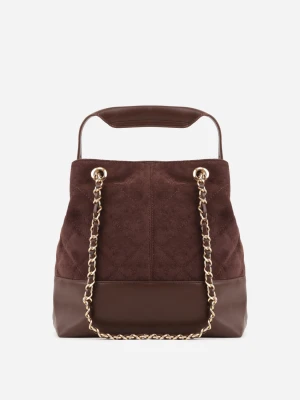 Brązowa Torebka Bucket Bag z Przeszyciami w Romby z Rączką i Uchwytami z Łańcuszkiem Denidora Caely