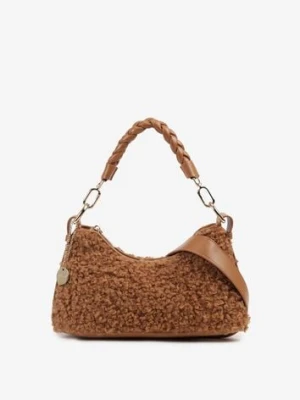 Brązowa Torebka na Ramię z Futerkiem Dodatkowym Paskiem i Breloczkiem Nevanira