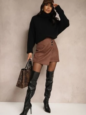 Brązowa Trapezowa Spódnica o Kopertowym Kroju z Guzikami Ilaraeth rosa