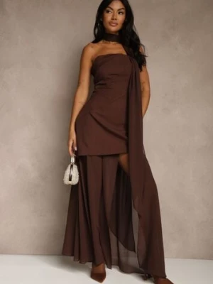Brązowa Wieczorowa Sukienka Bandeau z Dodatkowym Szalem Meridvia