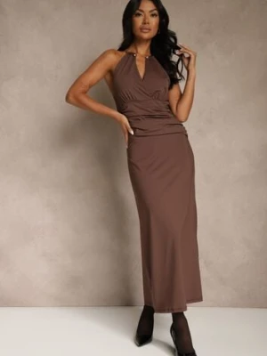 Brązowa Wieczorowa Sukienka Halter z Odkrytymi Plecami Sewsara