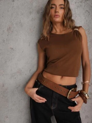 Brązowa Wiskozowa Bluzka Bez Rękawów z Dzianiny Zdobiona Metaliczną Aplikacją Alutina elsa.m by may