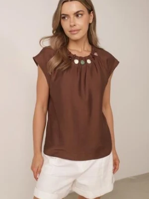 Brązowa Wiskozowa Bluzka w Stylu Boho z Aplikacją z Imitacji Kamieni Rosunte J&x