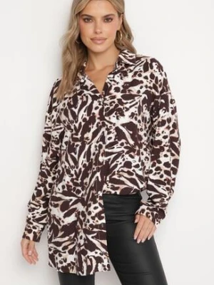 Brązowa Wiskozowa Koszula z Lnem Ozdobiona Geometrycznym Wzorem Emirelae melya by melody