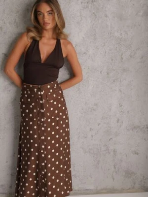 Brązowa Wiskozowa Spódnica High Waist w Kropki z Guzikami Tadalion Unigirl