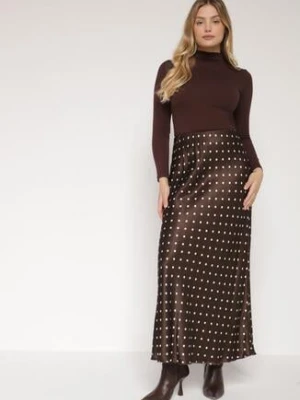 Brązowa Wiskozowa Spódnica Satynowa w Kropki o Rozkloszowanym Kroju Fedrana