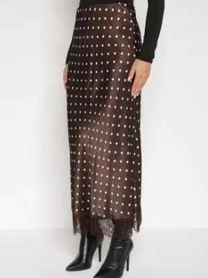 Brązowa Wiskozowa Spódnica z Wysokim Stanem w Kropki z Koronką Monivesa