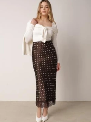Brązowa Wiskozowa Spódnica z Wysokim Stanem w Kropki z Koronką Monivesa